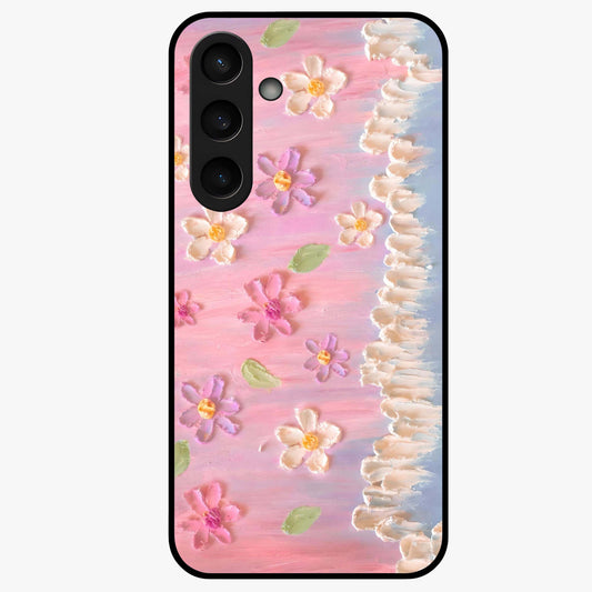 Dreamy Painted Garden Glass Case showing flat back view with artistic painted floral garden artwork and glossy glass finish.