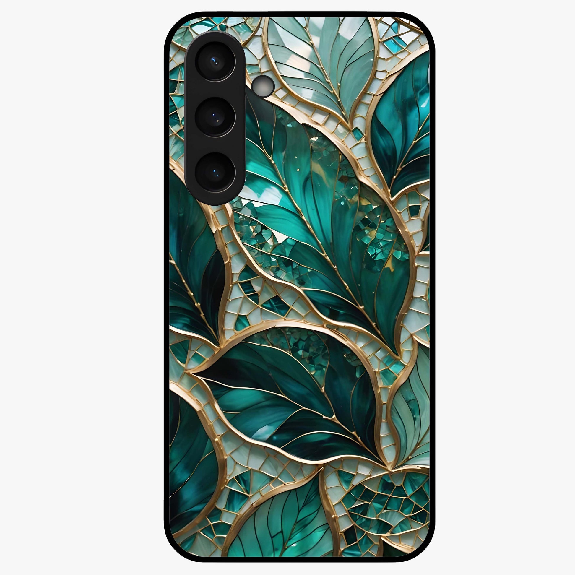 Emerald Leaf Glass Glass Case showing flat back view with emerald green leaf artwork and glossy glass finish.