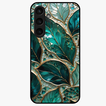 Emerald Leaf Glass Glass Case showing flat back view with emerald green leaf artwork and glossy glass finish.