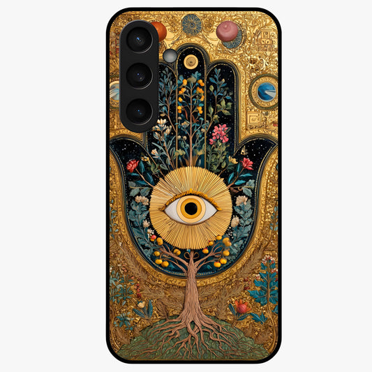 Ethereal Evil Eye Glass Case showing flat back view with mystical evil eye artwork and glossy glass finish.
