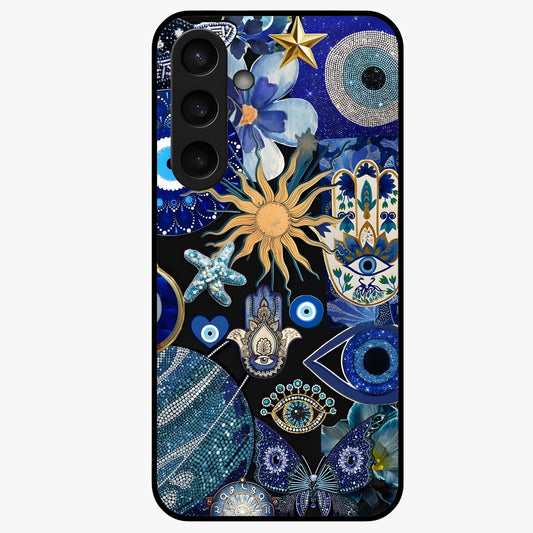 Evil Eye Charm Mix Glass Case showing flat back view with multiple evil eye charms artwork and glossy glass finish.