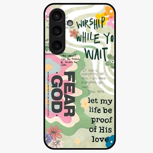 Faith Over Fear Glass Case showing flat back view with motivational typography artwork and glossy glass finish.