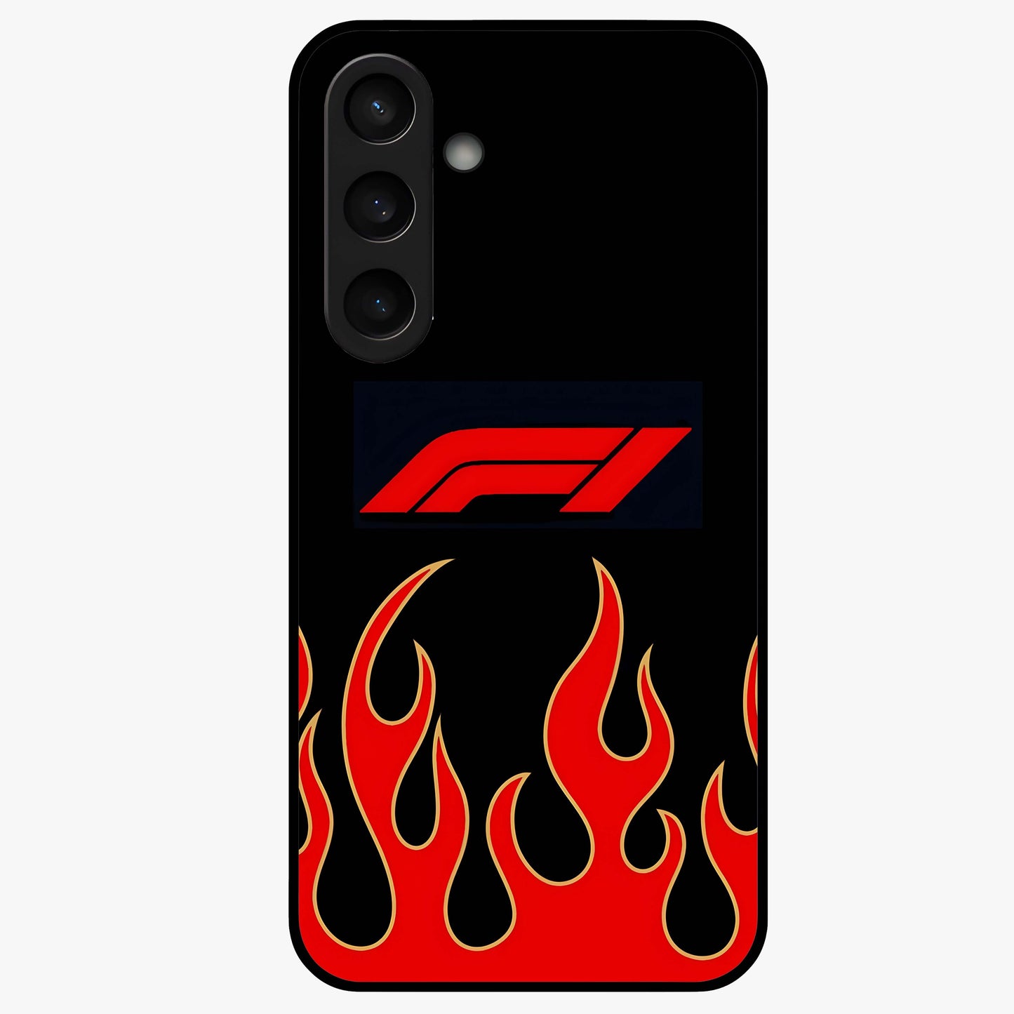 Fire F11 Glass Case showing flat back view with fiery themed artwork and glossy glass finish.