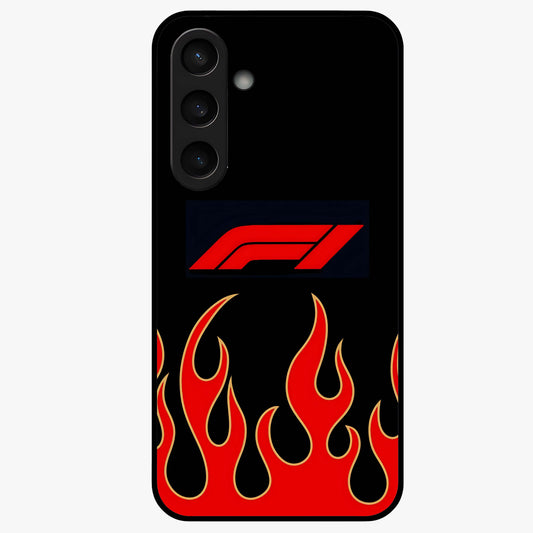 Fire F11 Glass Case showing flat back view with fiery themed artwork and glossy glass finish.