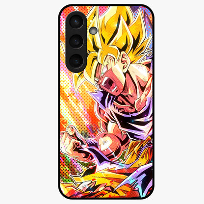 Firing Goku Glass Case showing flat back view with powerful anime inspired artwork and glossy glass finish.