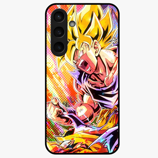 Firing Goku Glass Case showing flat back view with powerful anime inspired artwork and glossy glass finish.