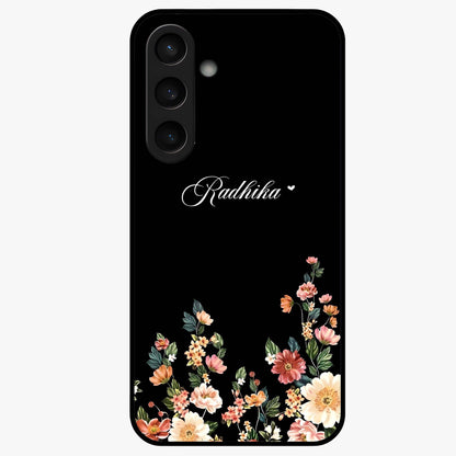 Floral Design With a Custom Personalized Name Glass Case showing flat back view with floral artwork and personalized name design.