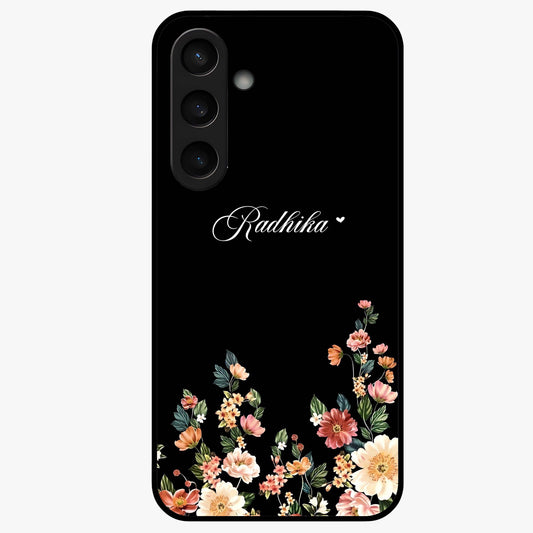 Floral Design With a Custom Personalized Name Glass Case showing flat back view with floral artwork and personalized name design.