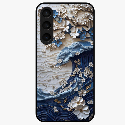 Floral Wave Origami Glass Case showing flat back view with origami inspired floral wave artwork and glossy glass finish.