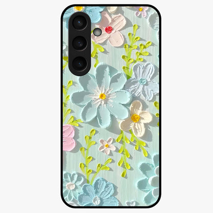 Frosted Petal Garden Glass Case showing flat back view with soft frosted floral artwork and glossy glass finish.