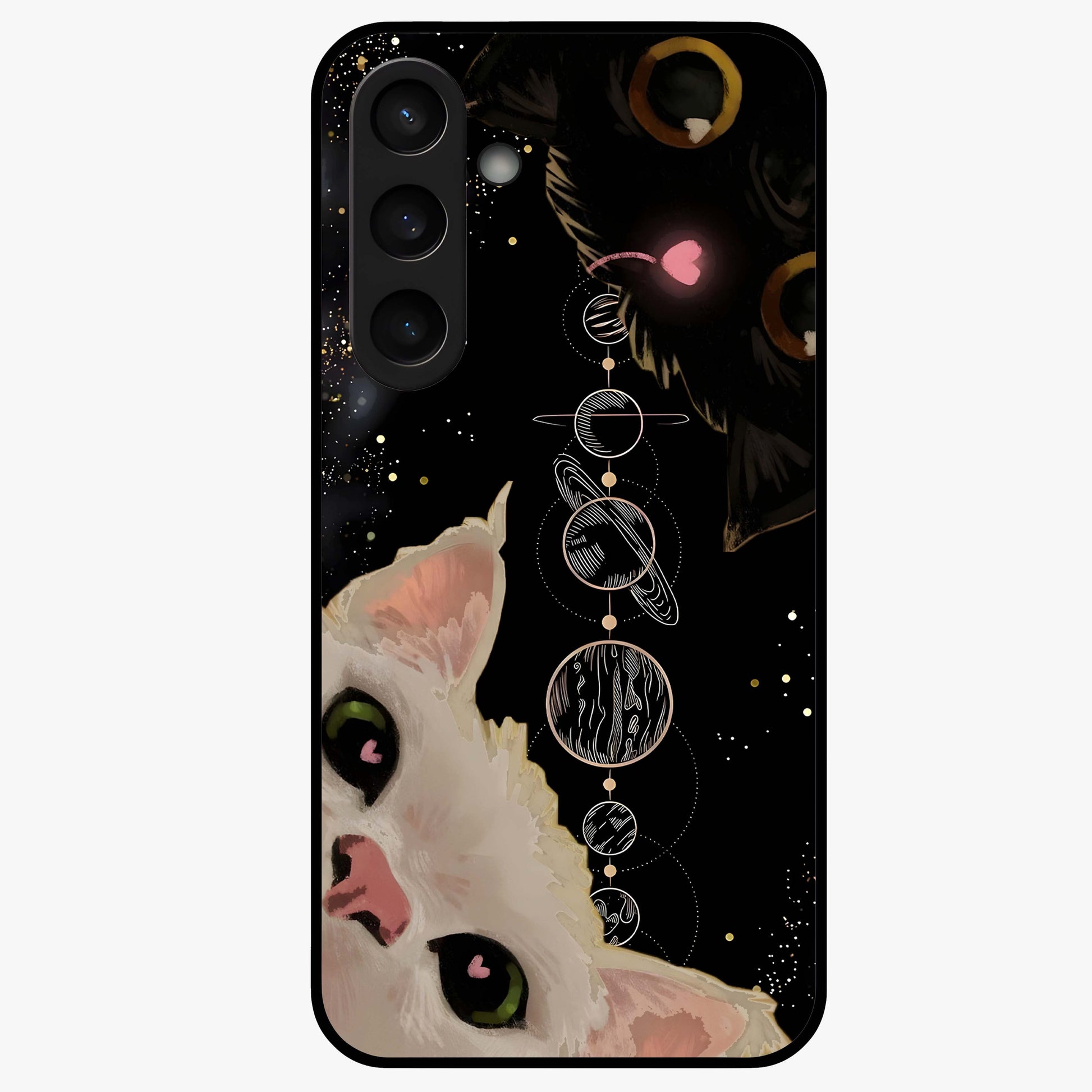Galactic Cat Glass Case showing flat back view with cosmic cat artwork and glossy glass finish.