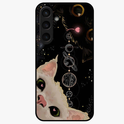 Galactic Cat Glass Case showing flat back view with cosmic cat artwork and glossy glass finish.