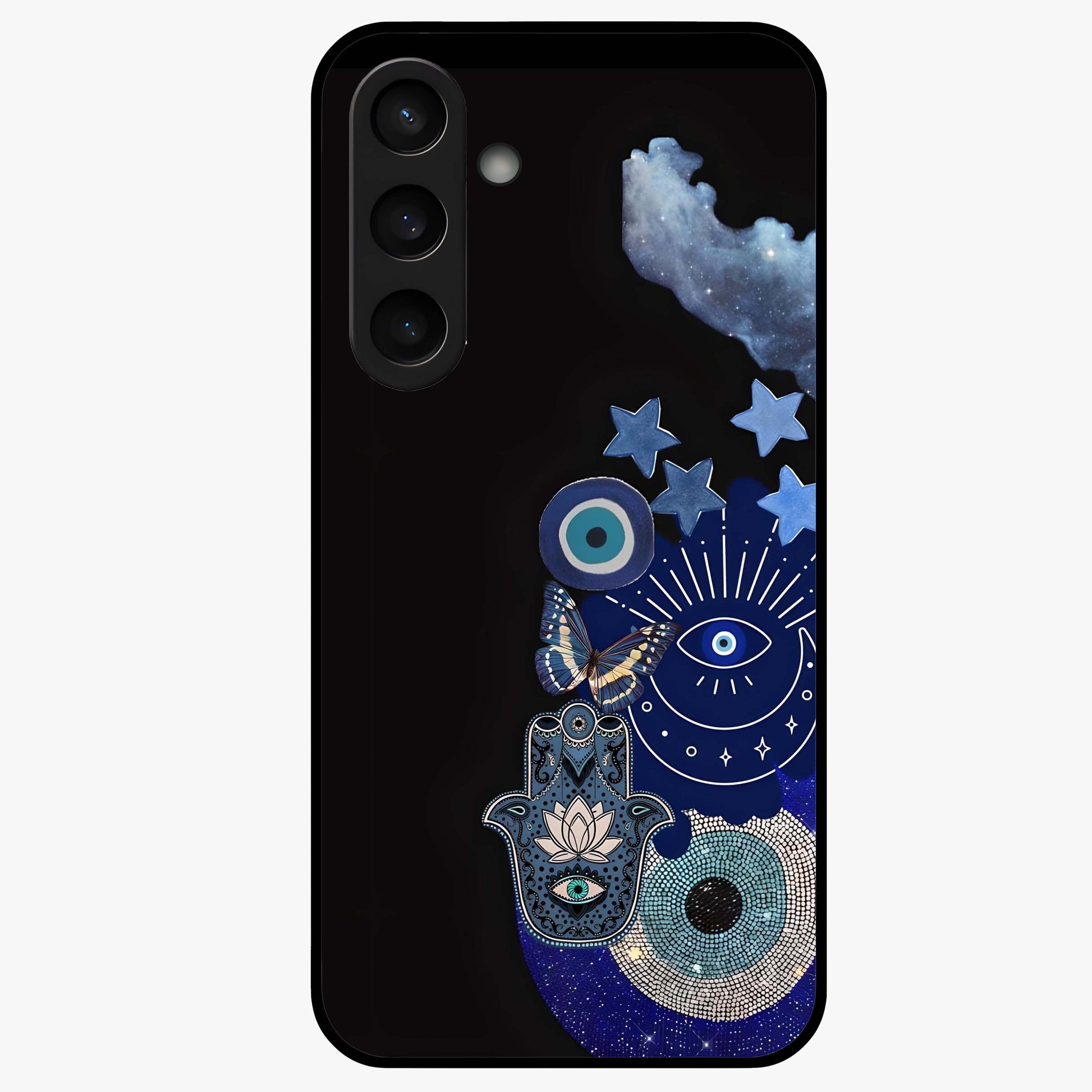 Galactic Charm Cluster Glass Case showing flat back view with glowing celestial charm artwork and glossy glass finish.