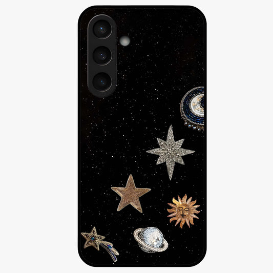 Galactic Charm Glow Glass Case showing flat back view with glowing celestial charm artwork and glossy glass finish.
