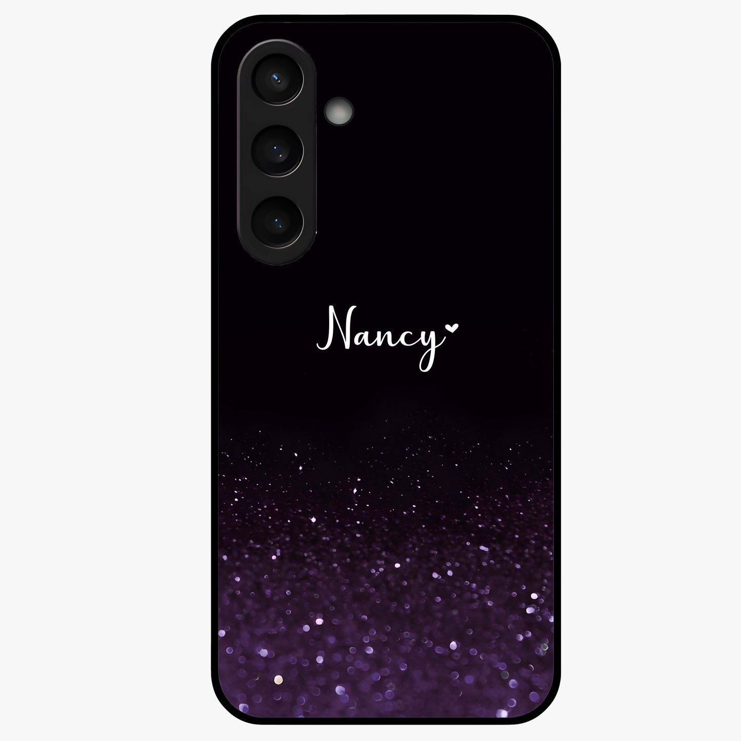 Glittery Purple Bokeh Custom Name Glass Case showing flat back view with purple bokeh sparkle artwork and personalized name design.