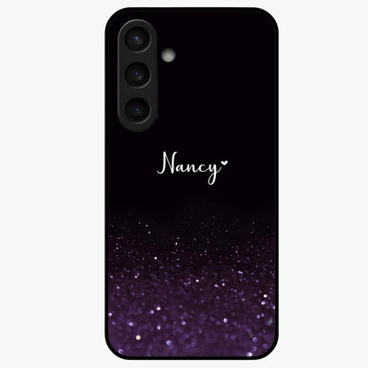 Glittery Purple Bokeh Custom Name Glass Case showing flat back view with purple bokeh sparkle artwork and personalized name design.