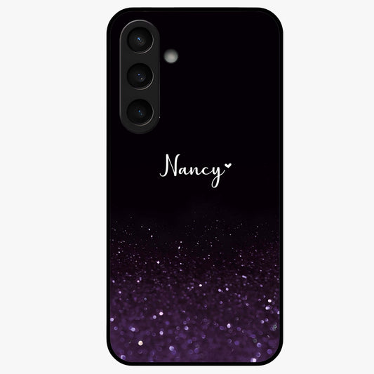 Glittery Purple Bokeh Custom Name Glass Case showing flat back view with purple bokeh sparkle artwork and personalized name design.