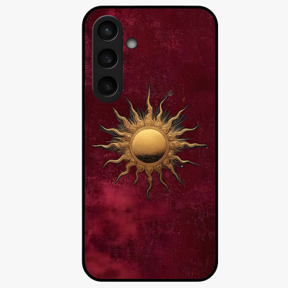 Gold Sun Blush Glass Case showing flat back view with golden sun inspired artwork and glossy glass finish.