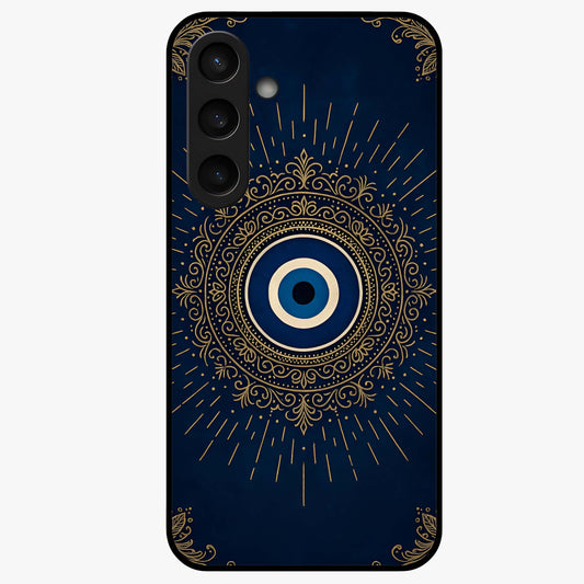 Golden Evil Eye Mandala Glass Case showing flat back view with intricate evil eye mandala artwork and glossy glass finish.