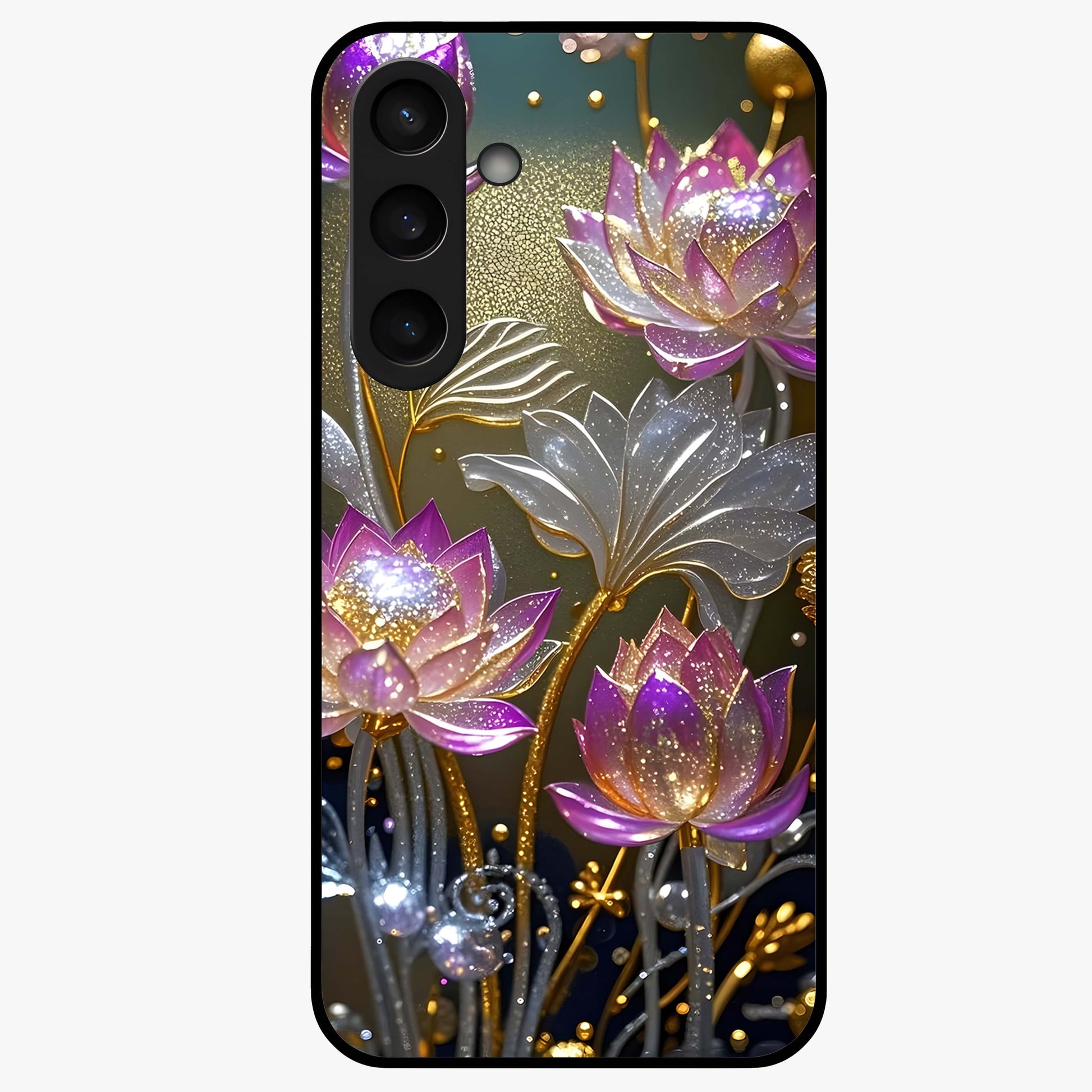Golden Lotus Glow Glass Case showing flat back view with glowing lotus flower artwork and glossy glass finish.