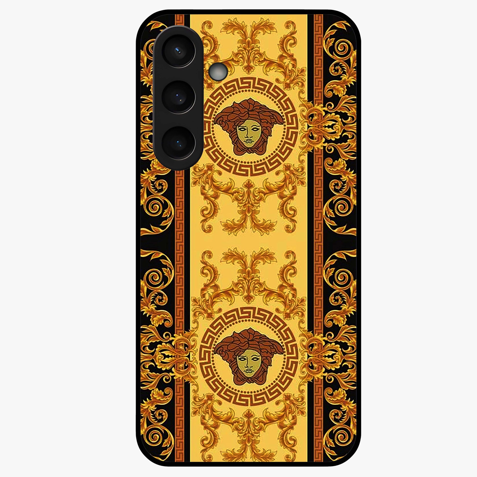 Golden Royal Heritage Glass Case showing flat back view with ornate royal pattern artwork and glossy glass finish.