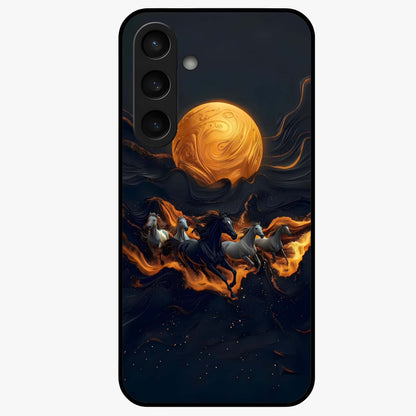 Golden Stallion Moonride Glass Case showing flat back view with majestic horse under moonlight artwork and glossy glass finish.