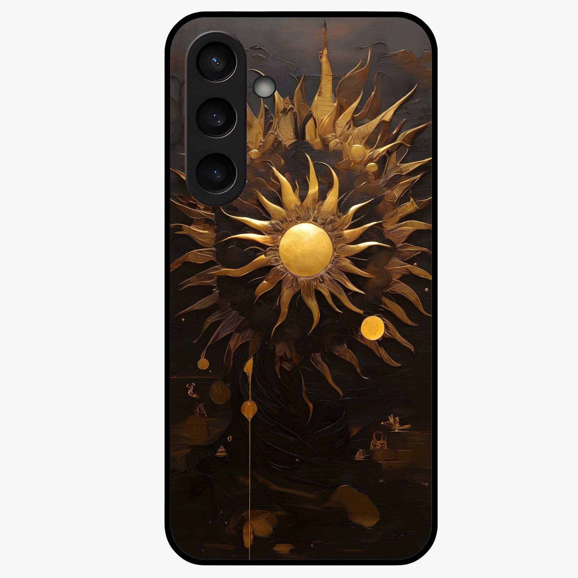 Golden Sun Majesty Glass Case showing flat back view with radiant golden sun artwork and glossy glass finish.