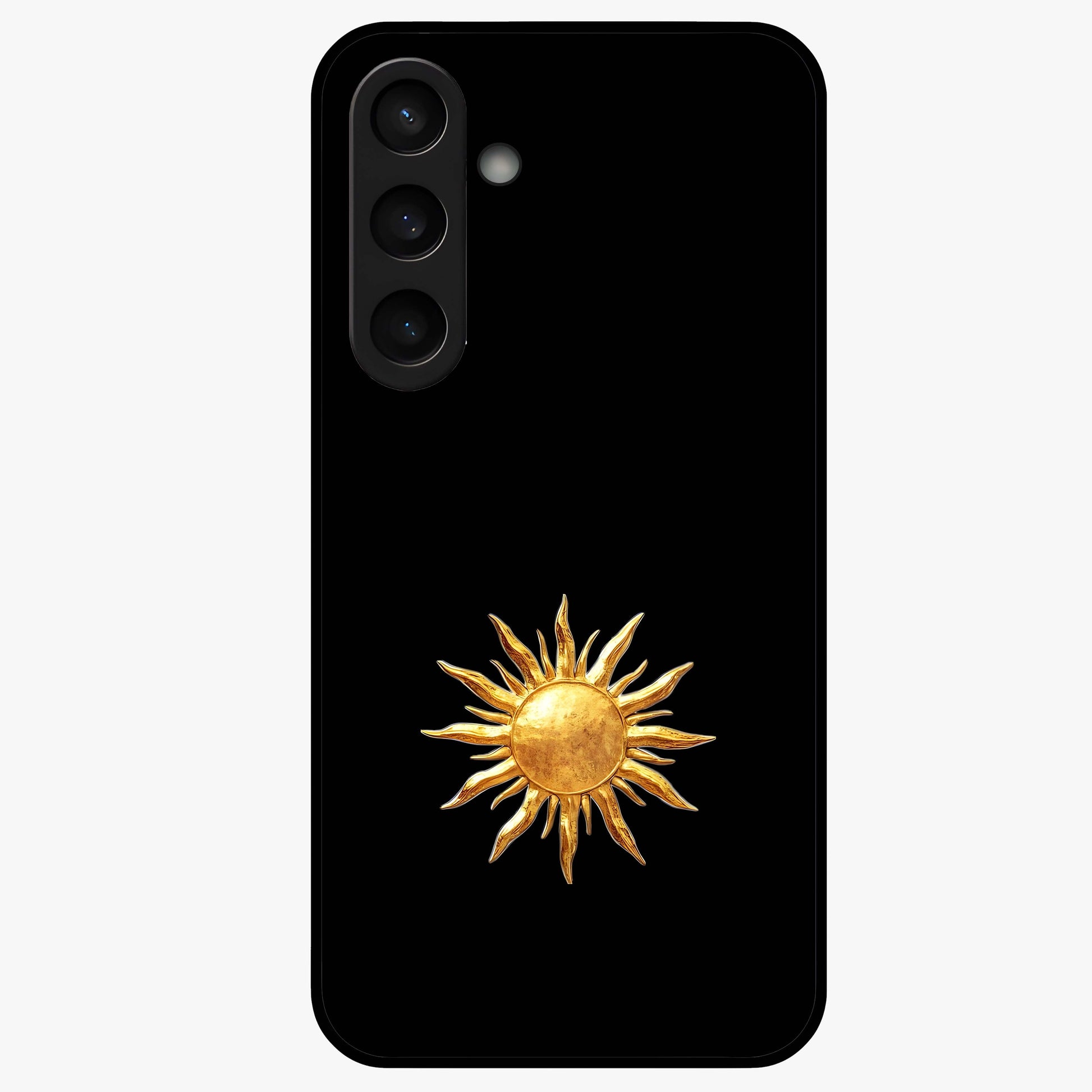 Golden Sun Minimalism Glass Case showing flat back view with minimal golden sun artwork and glossy glass finish.
