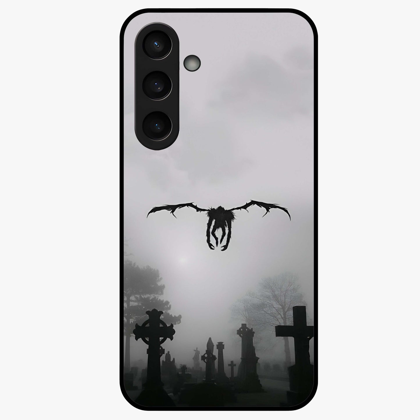 Graveyard Shadow Descent Glass Case showing flat back view with dark graveyard themed artwork and glossy glass finish.