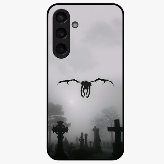 Graveyard Shadow Descent Glass Case showing flat back view with dark graveyard themed artwork and glossy glass finish.