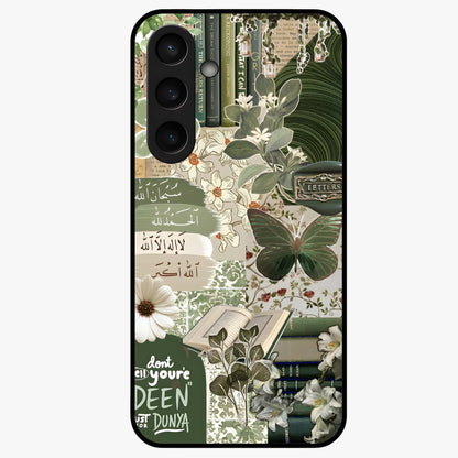 Green Islamic Books Quotes Glass Case showing flat back view with Islamic quotes and book themed artwork and glossy glass finish.