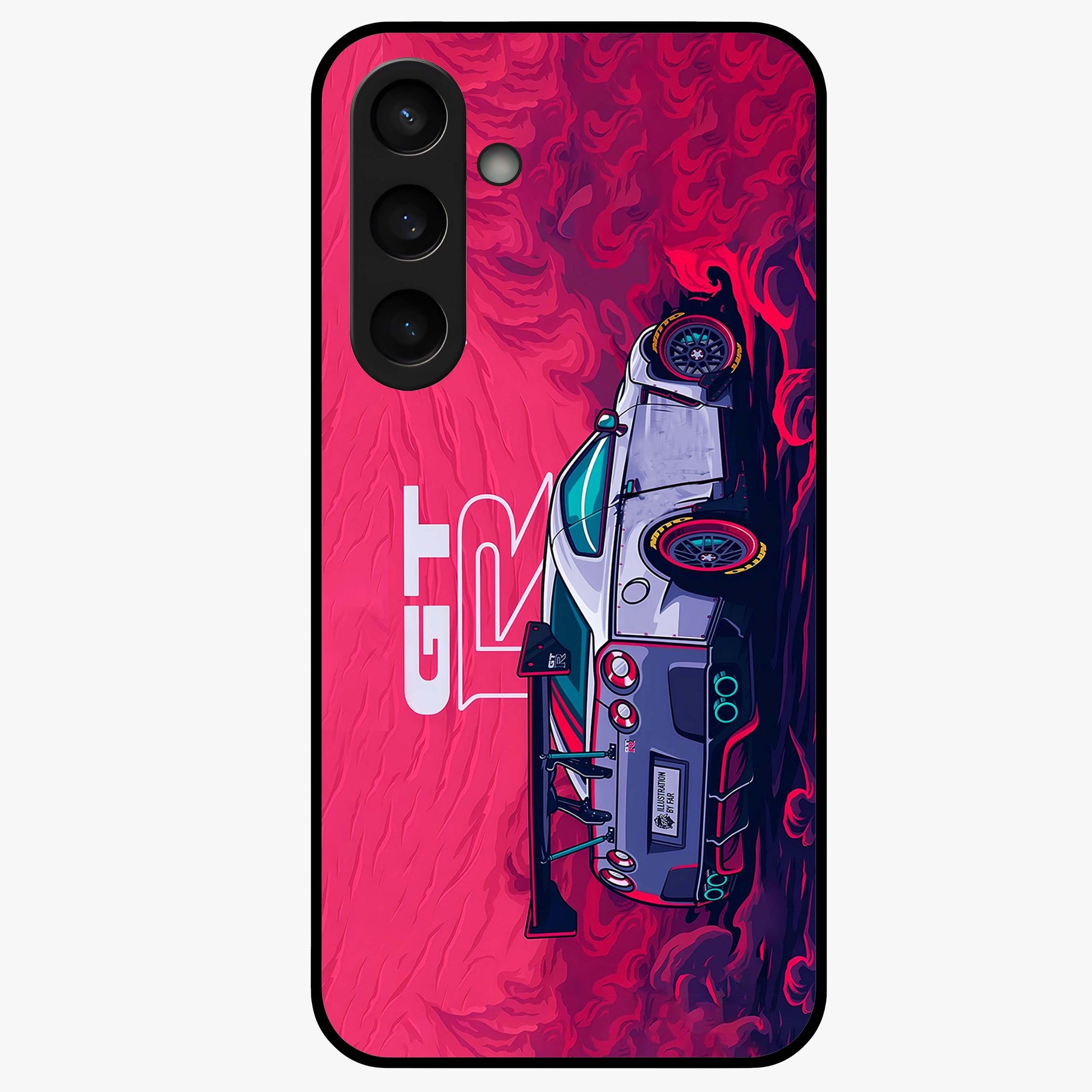 GT-R Car Pattern Glass Case showing flat back view with sporty car inspired pattern artwork and glossy glass finish.