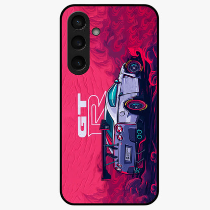 GT-R Car Pattern Glass Case showing flat back view with sporty car inspired pattern artwork and glossy glass finish.