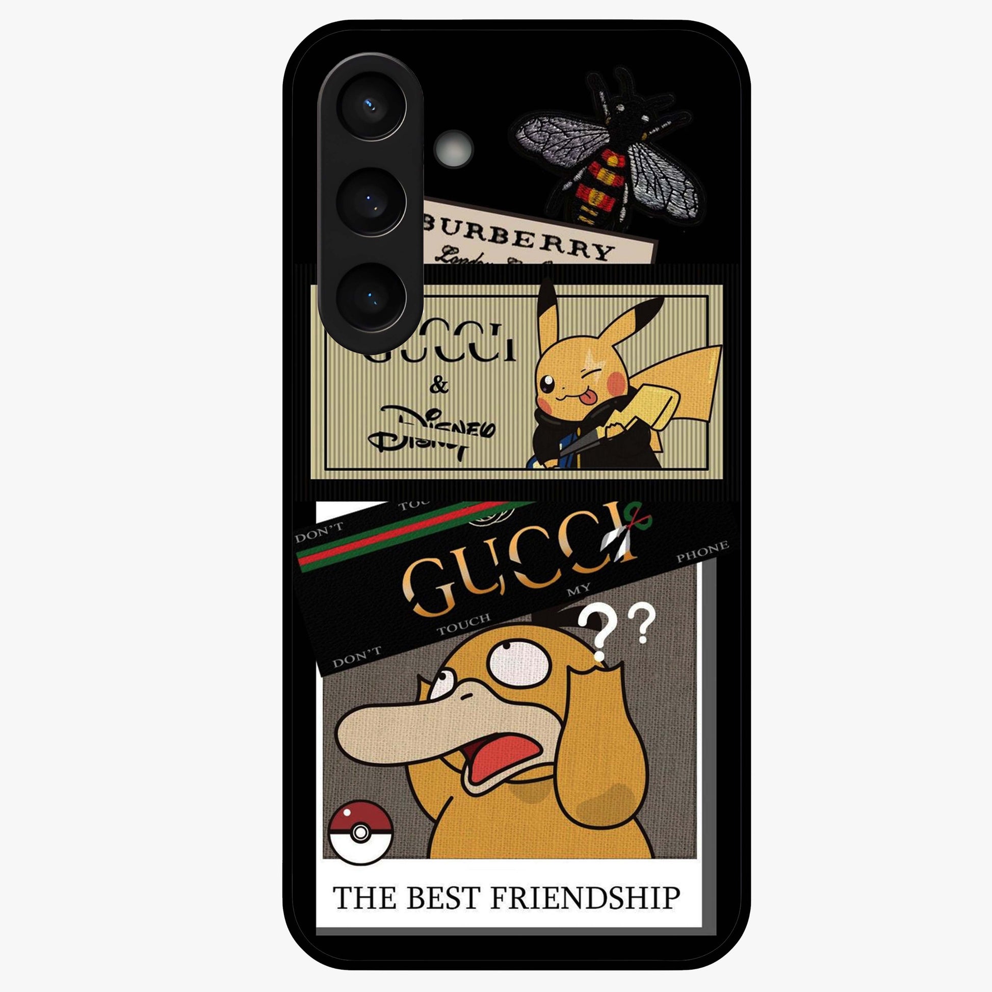 Gucci Play Mashup Glass Case showing flat back view with luxury inspired graphic artwork and glossy glass finish.