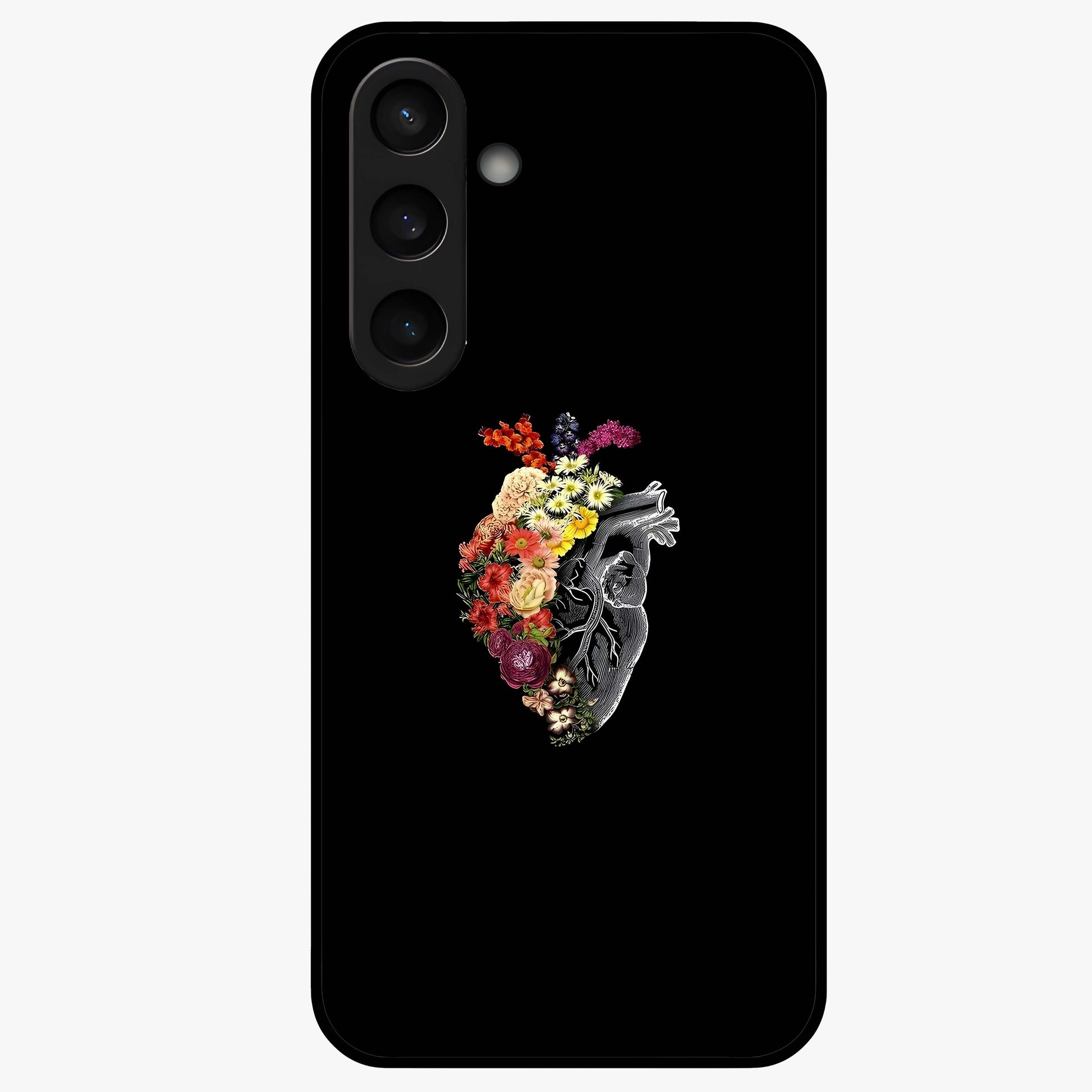 Heart With Flowers Glass Case showing flat back view with heart shaped floral artwork and glossy glass finish.