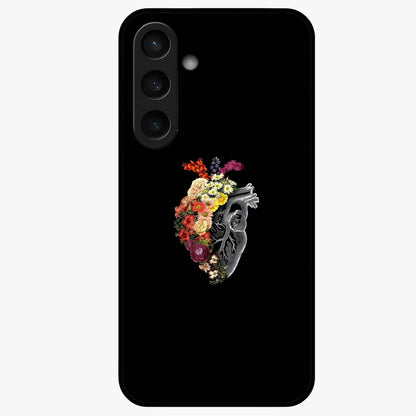 Heart With Flowers Glass Case showing flat back view with heart shaped floral artwork and glossy glass finish.