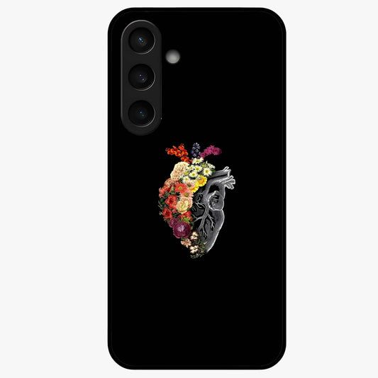 Heart With Flowers Glass Case showing flat back view with heart shaped floral artwork and glossy glass finish.