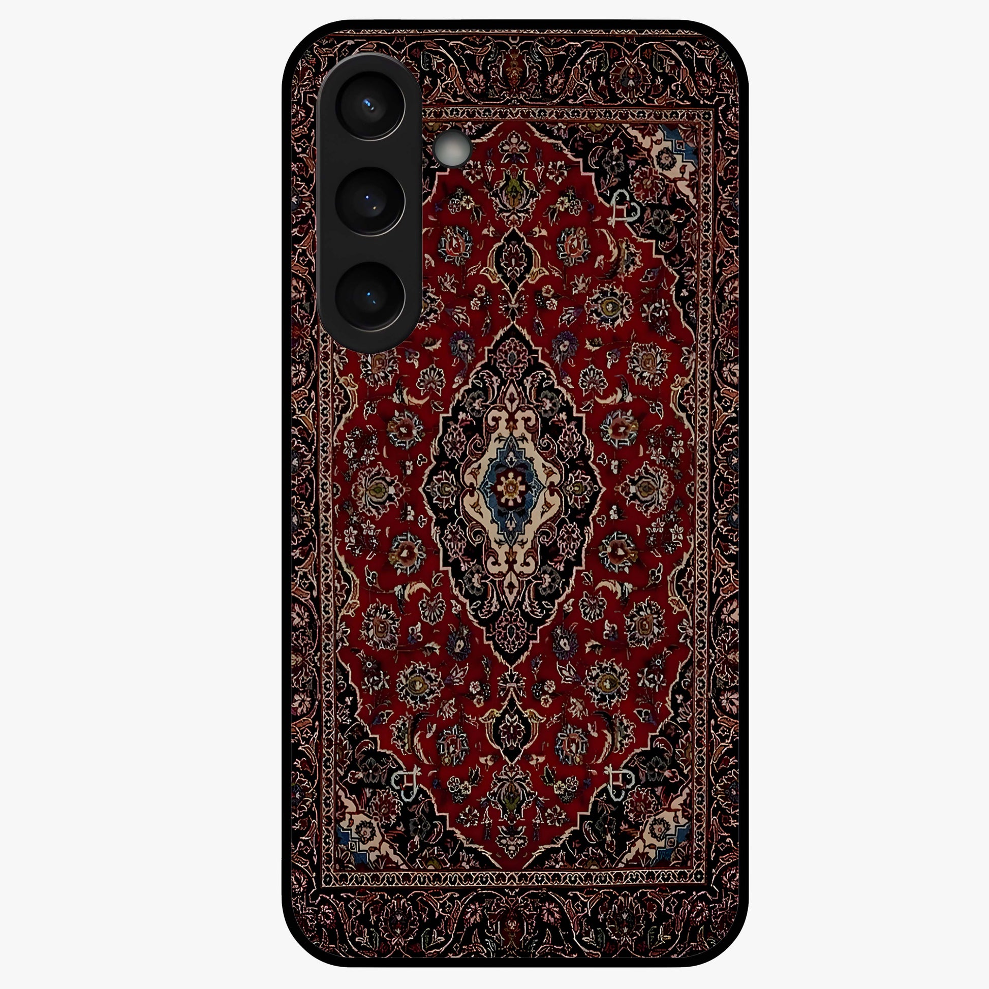 Heritage Carpet Royale Glass Case showing flat back view with ornate Persian carpet inspired pattern and glossy glass finish.