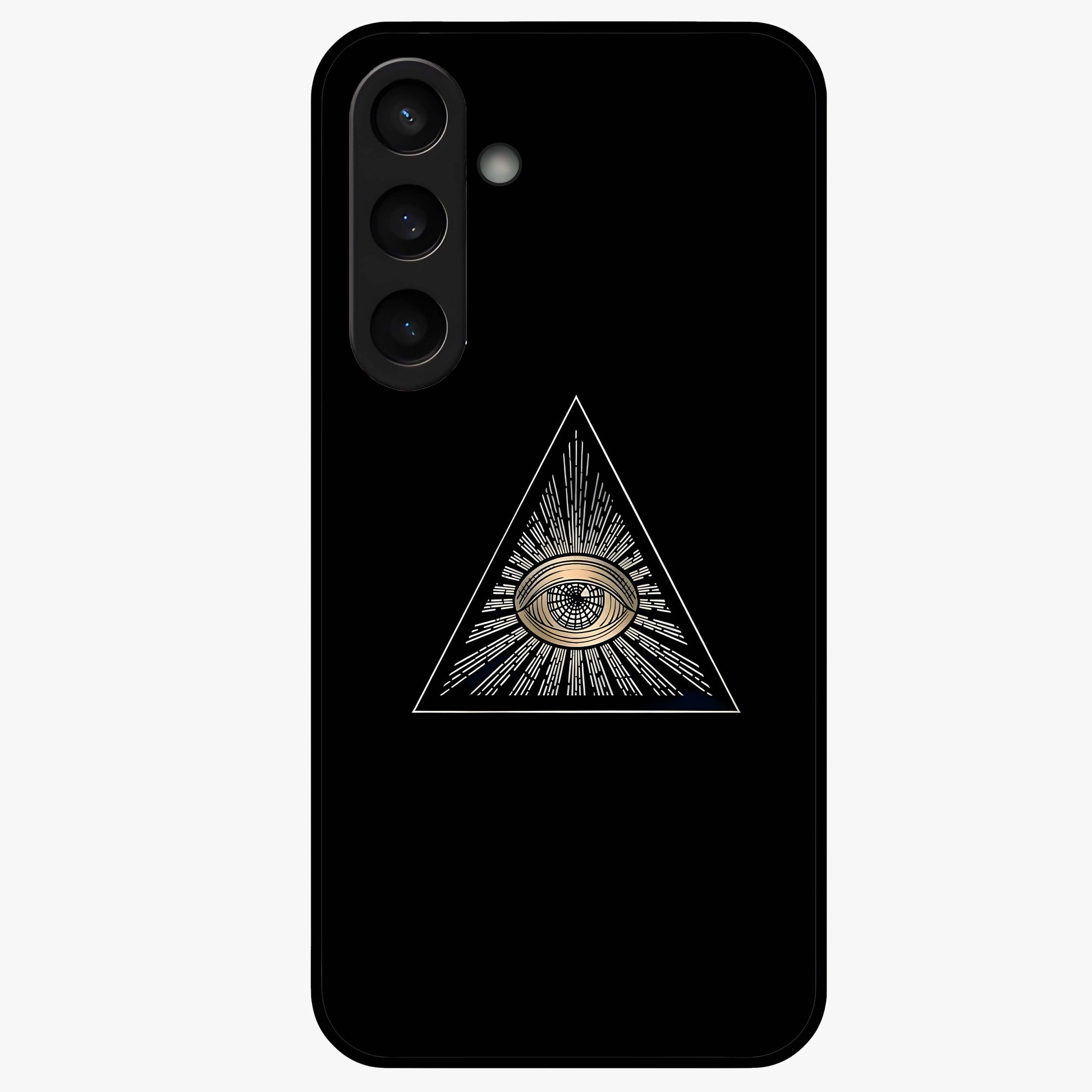 Illuminati Evil Glass Case showing flat back view with mysterious illuminati symbol artwork and glossy glass finish.