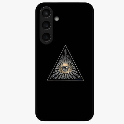 Illuminati Evil Glass Case showing flat back view with mysterious illuminati symbol artwork and glossy glass finish.