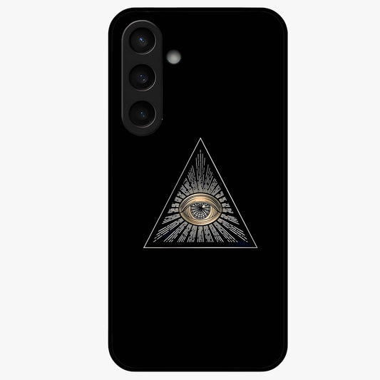 Illuminati Evil Glass Case showing flat back view with mysterious illuminati symbol artwork and glossy glass finish.