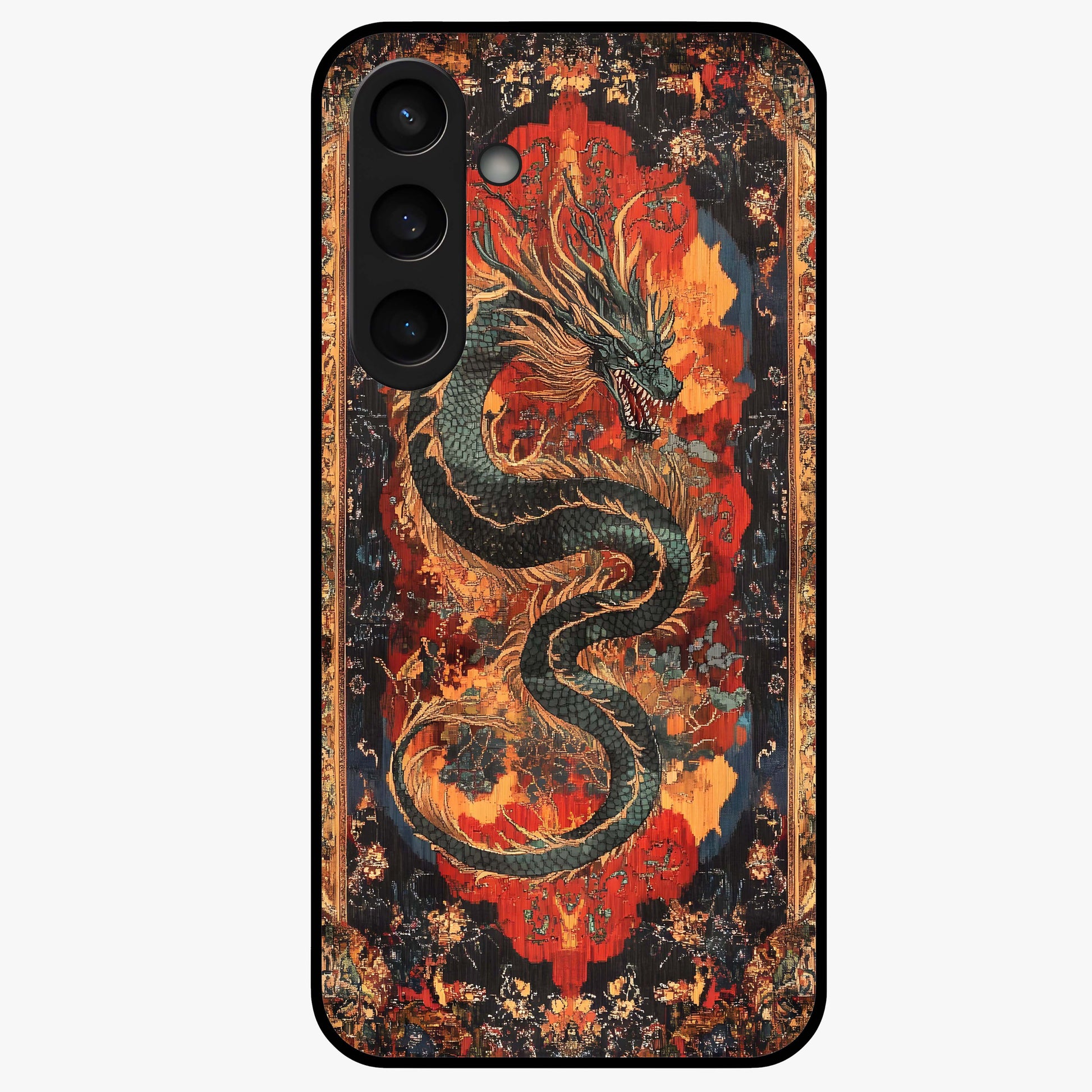 Inferno Dragon Soul Glass Case showing flat back view with fiery dragon artwork and glossy glass finish.