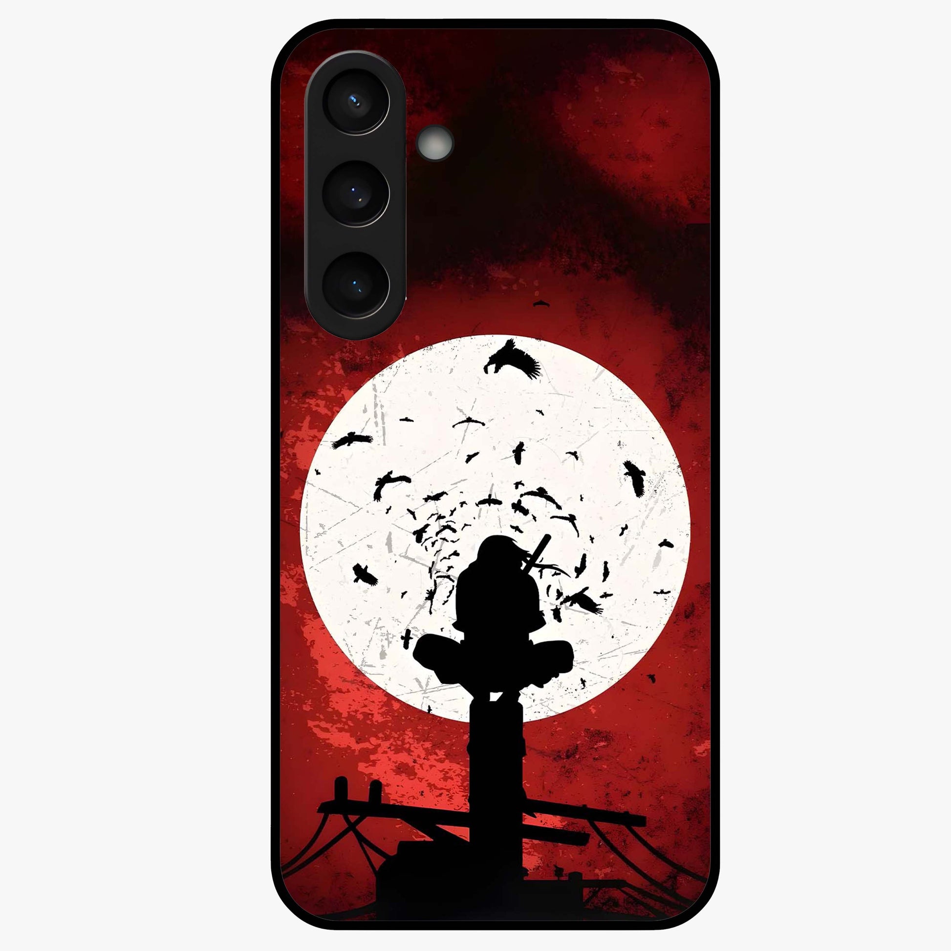 Itachi Sharingan Glass Case showing flat back view with powerful anime eye artwork and glossy glass finish.