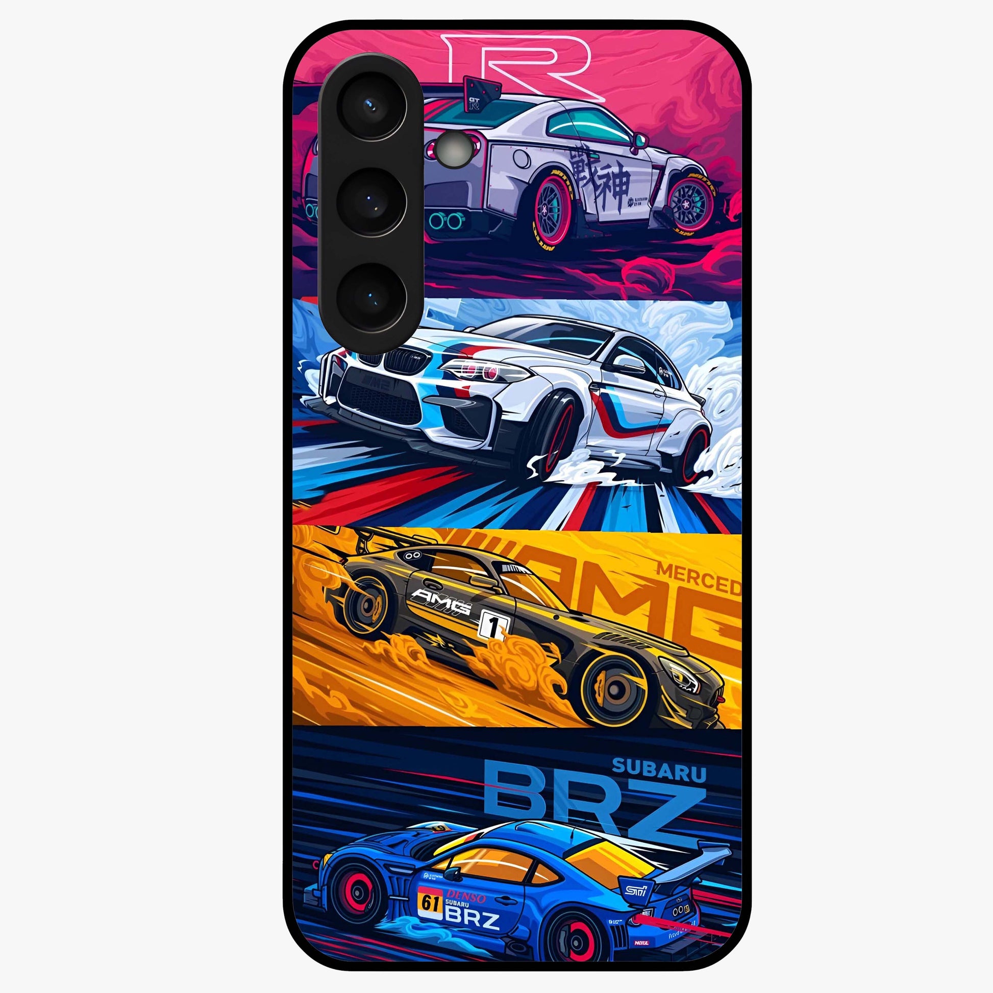 JDM Sports Car Glass Case showing flat back view with high performance sports car artwork and glossy glass finish.