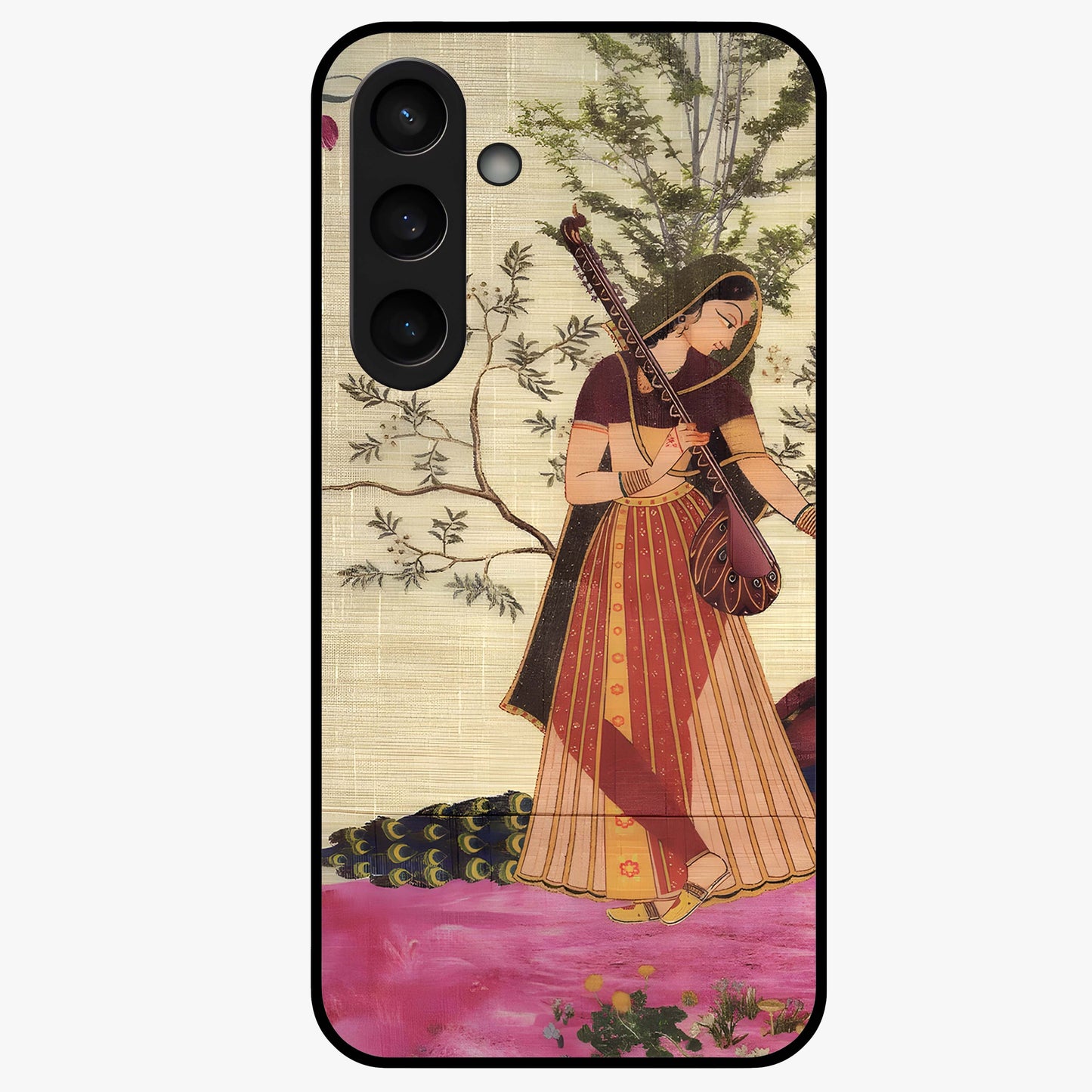 Lady With Veena Art Glass Case showing flat back view with elegant woman playing veena artwork and glossy glass finish.