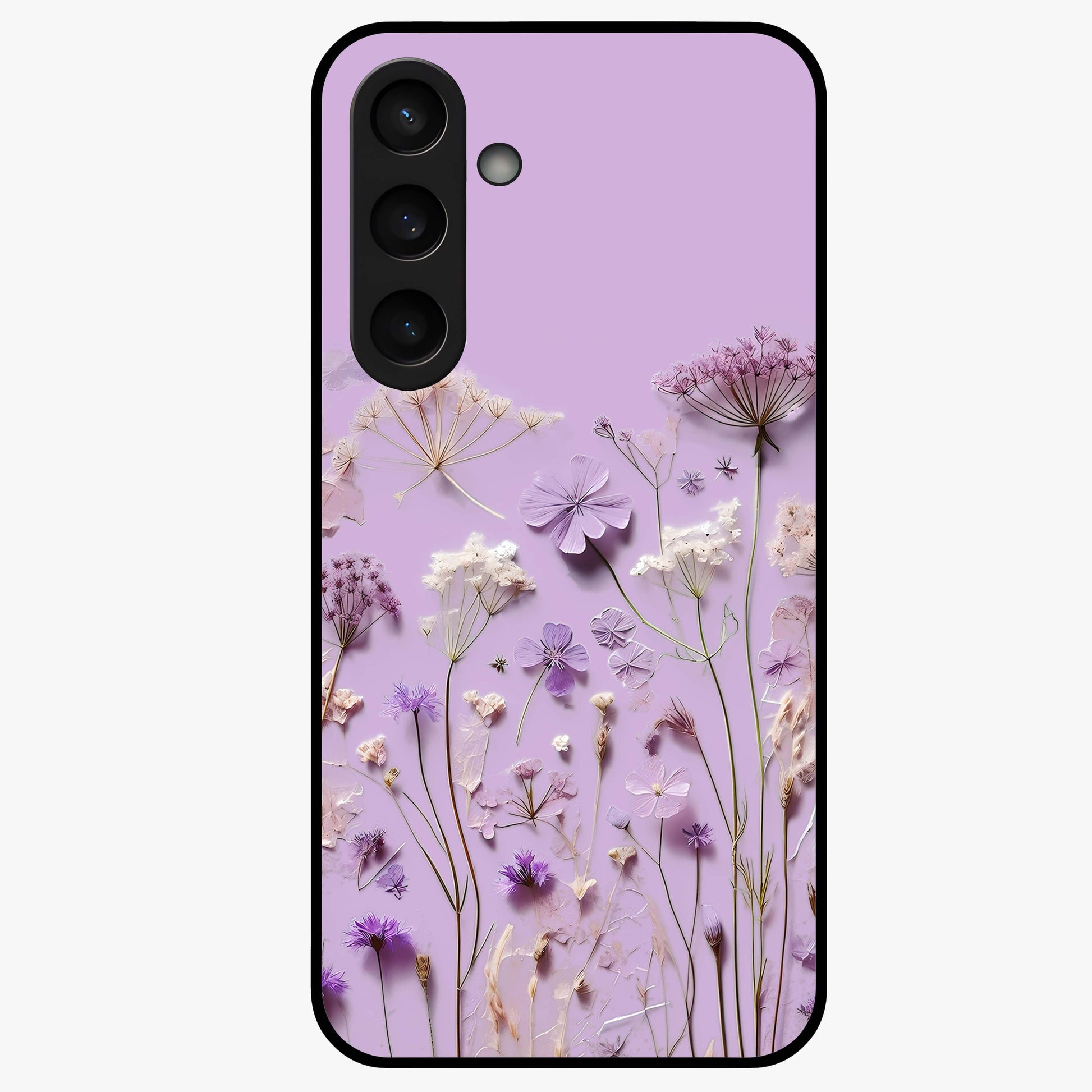 Lavender Blossom Dream Glass Case showing flat back view with soft lavender floral artwork and glossy glass finish.