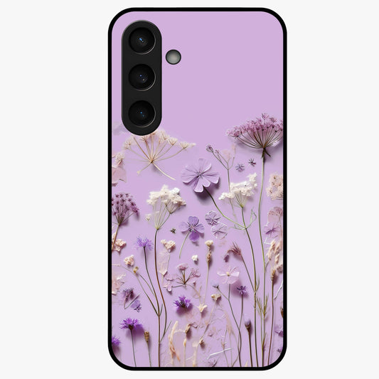 Lavender Blossom Dream Glass Case showing flat back view with soft lavender floral artwork and glossy glass finish.