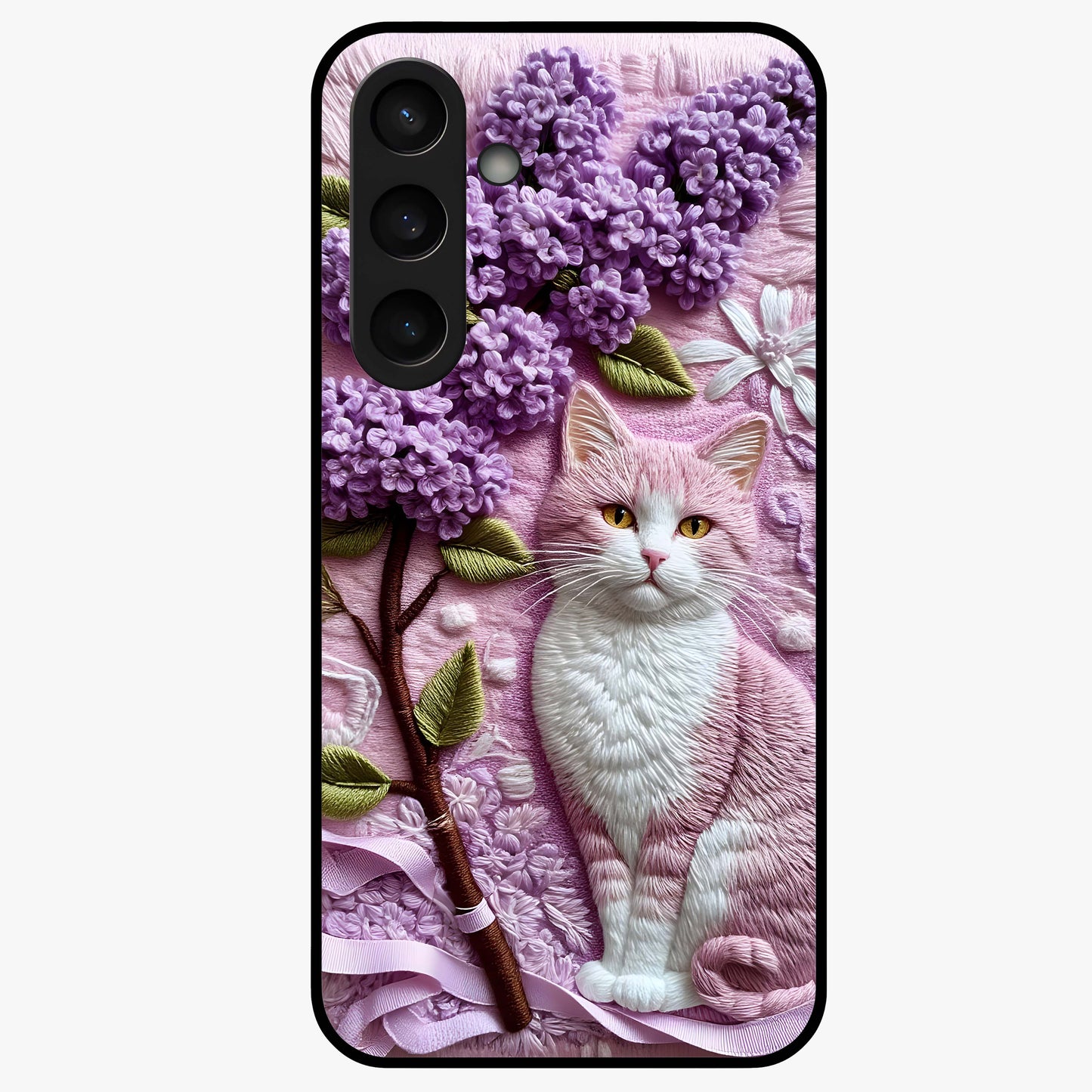Lavender Cat Whimsy Glass Case showing flat back view with cute lavender cat artwork and glossy glass finish.
