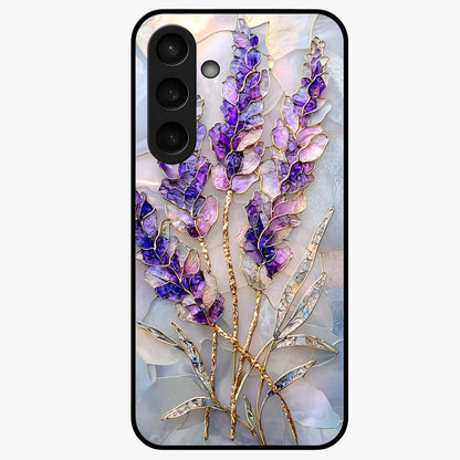 Lavender Dream Glow Glass Case showing flat back view with glowing lavender aesthetic artwork and glossy glass finish.