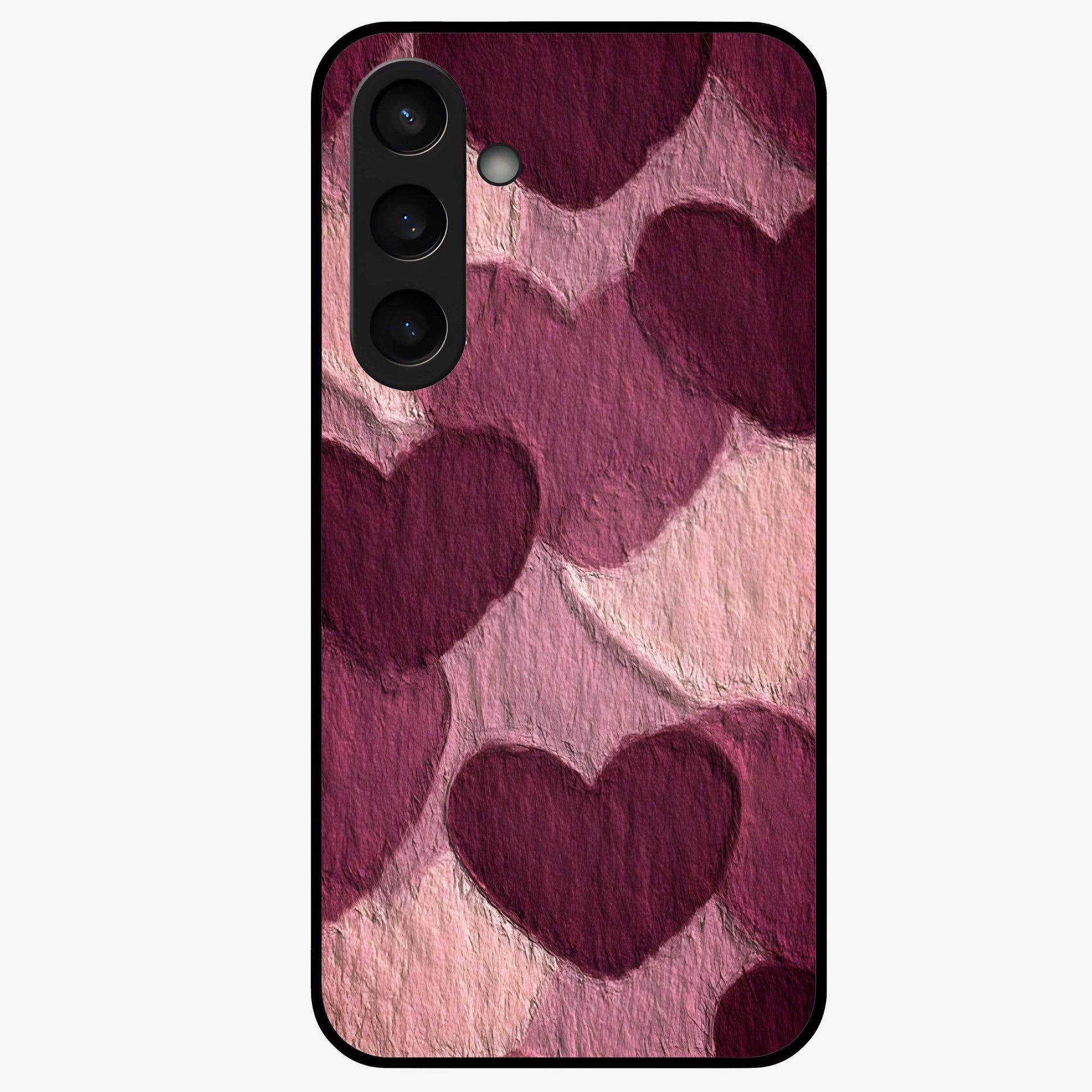 Layered Paper Hearts Glass Case showing flat back view with layered paper heart artwork and glossy glass finish.